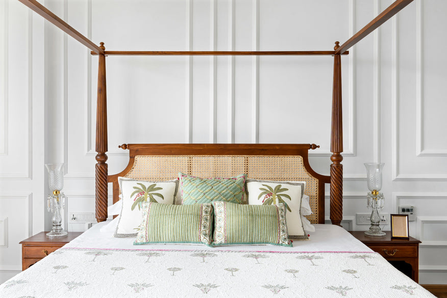Temple Town Signature teak four poster canopy bed with hand-woven rattan cane headboard and barley-twist posts