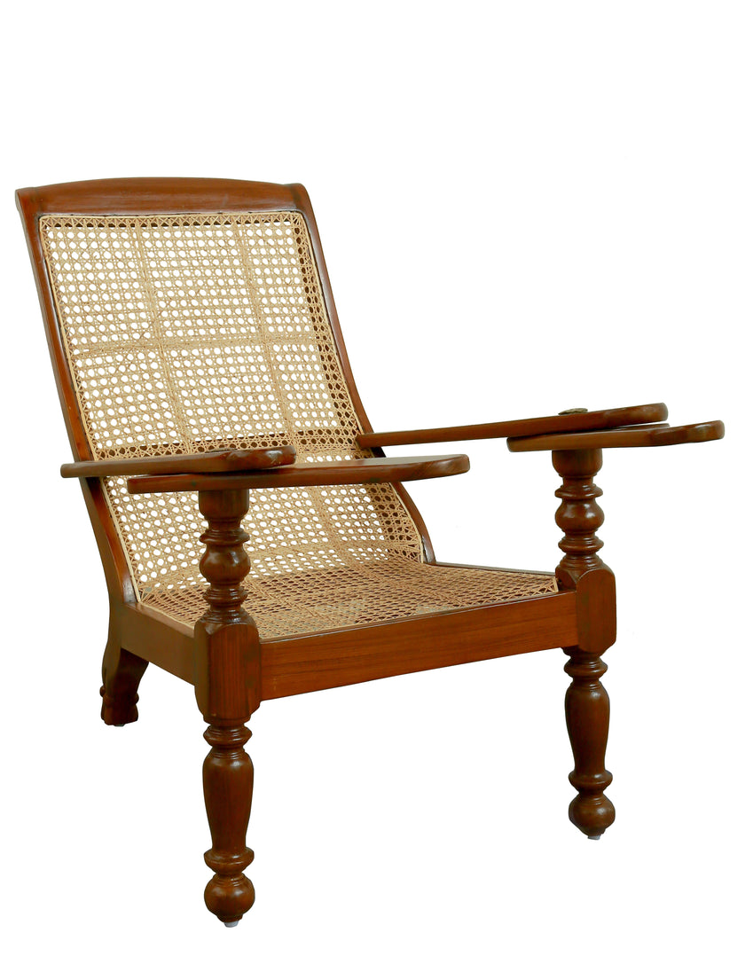 Kerala plantation chair in solid teak with hand-woven cane, full side view